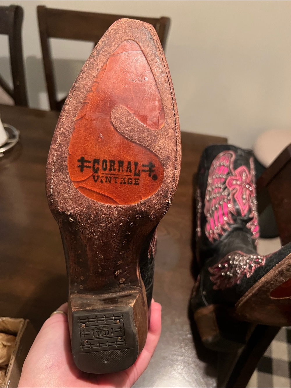 Corral Black Distressed Blingy Leather Cowboy Boots with Pink Embroidery - Picture 8 of 11